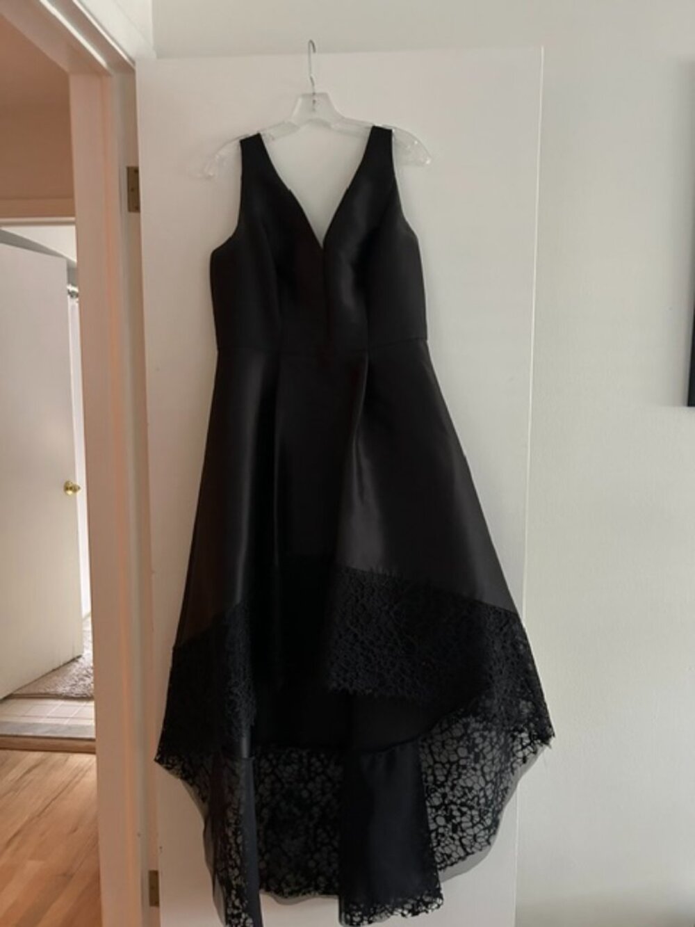 Frank Lyman High-Low Sleeveless Satin Black Dress with Lace Trim